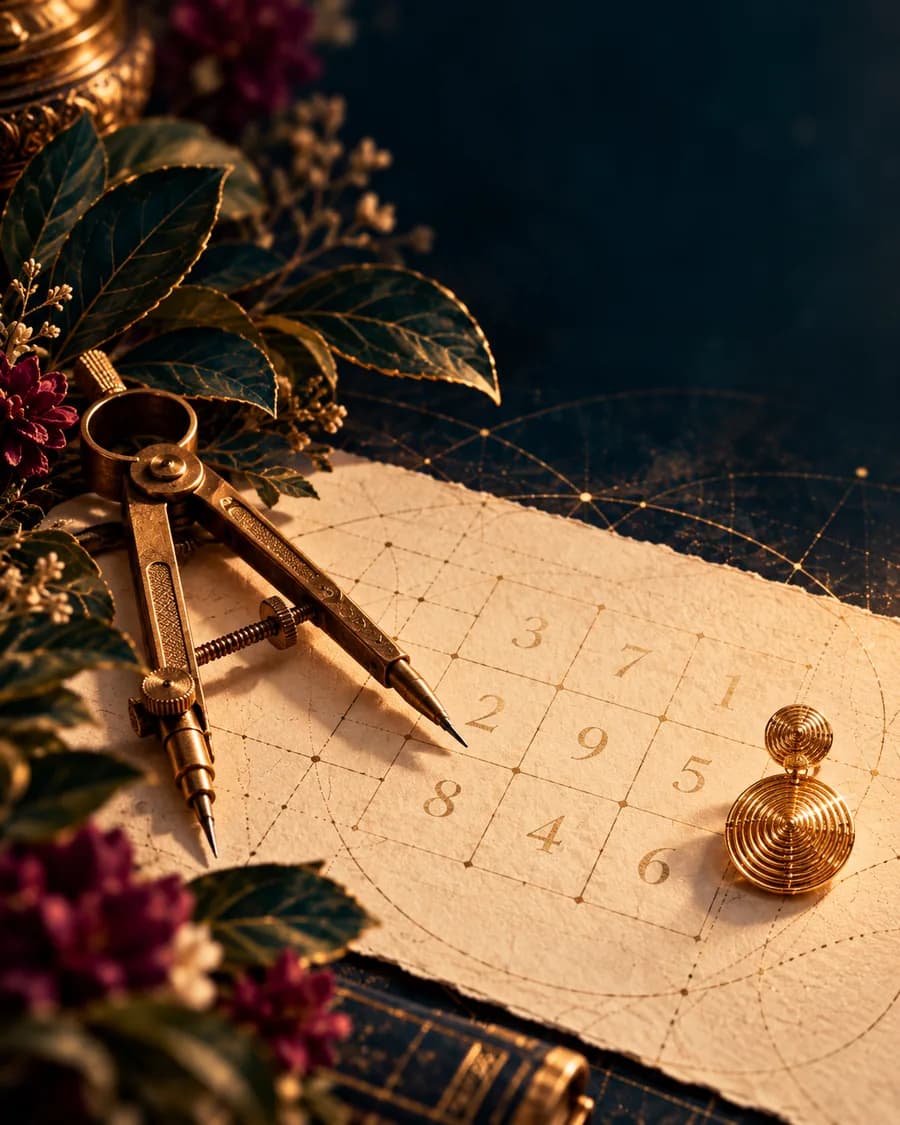 A brass drafting compass and a gold spiral earring on cream paper printed with a three-by-three grid of numerals.