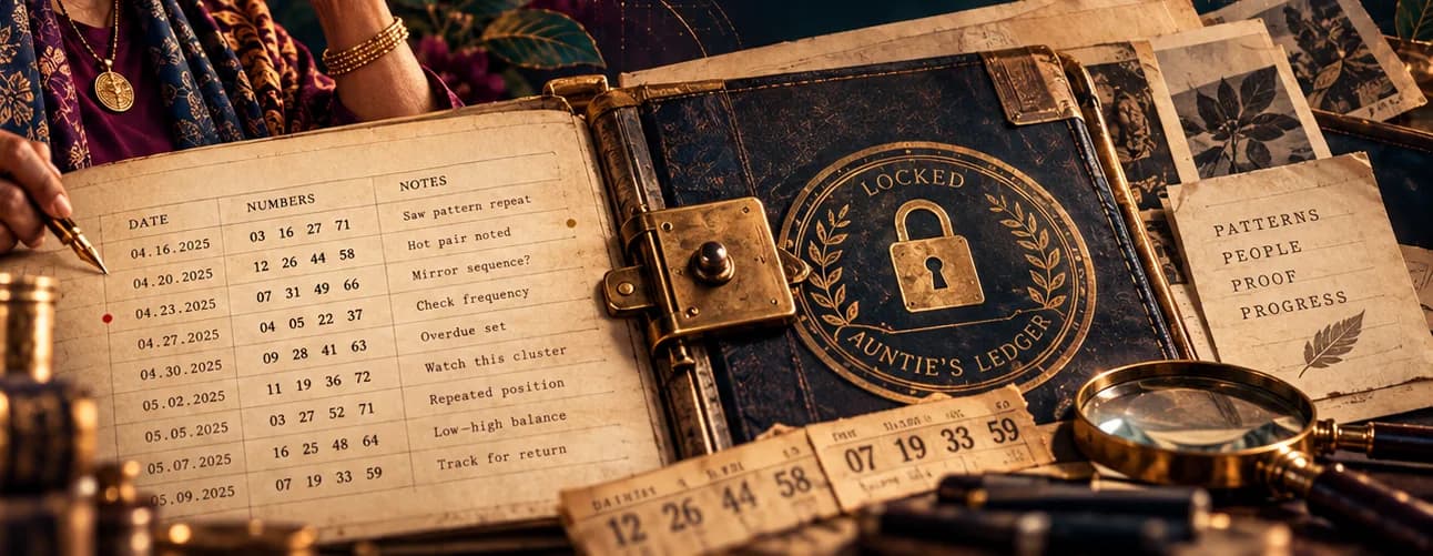 An open ledger of dated number entries beside a locked book stamped Auntie's Ledger.